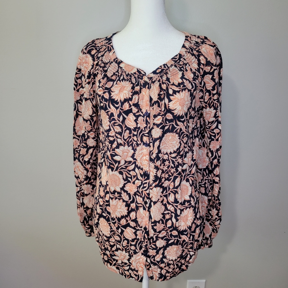 Lucky Brand navy & Orange Floral Peasant Boho Blouse Top - Size Small